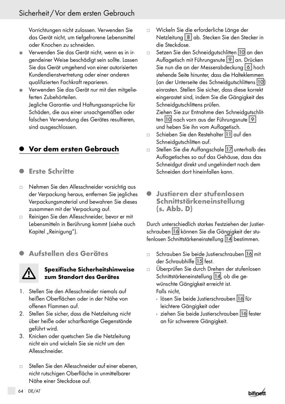 Bifinett KH 150 manual Sicherheit / Vor dem ersten Gebrauch, Erste Schritte, Aufstellen des Gerätes, Falls nicht 